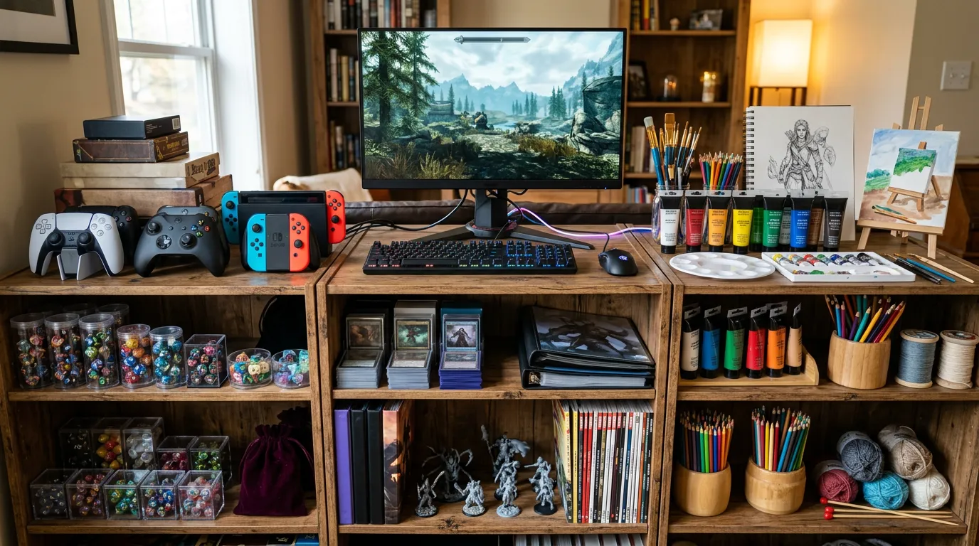 Various hobby and club activity items arranged together - gaming controllers, trading cards, dice, art supplies, computer setup components, bright organized display