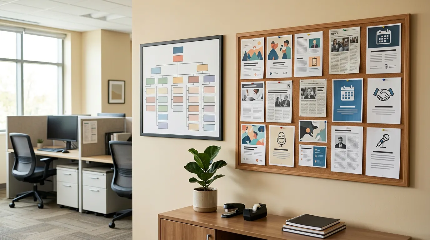 Office workspace with organizational charts, community bulletin board with notices and announcements, welcoming professional environment