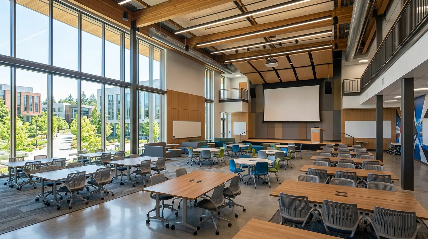 University campus with students gathered in a meeting hall, collaborative atmosphere, modern educational setting