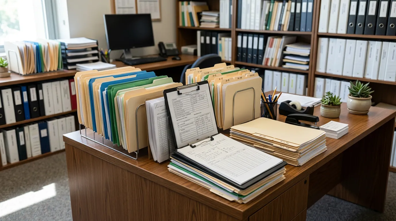 Administrative desk with student files and clipboard, organized academic records, educational office environment
