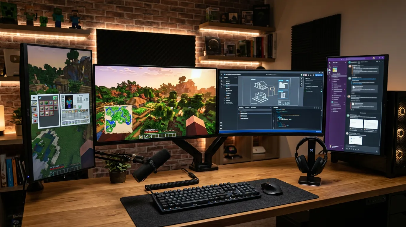 Computer gaming setup with multiple monitors showing Minecraft gameplay, digital collaboration environment