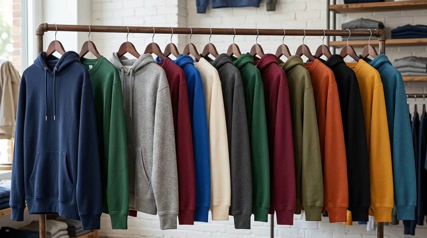 Collection of university hoodies and sweatshirts displayed on hangers showing different colors and designs, merchandising catalog photo