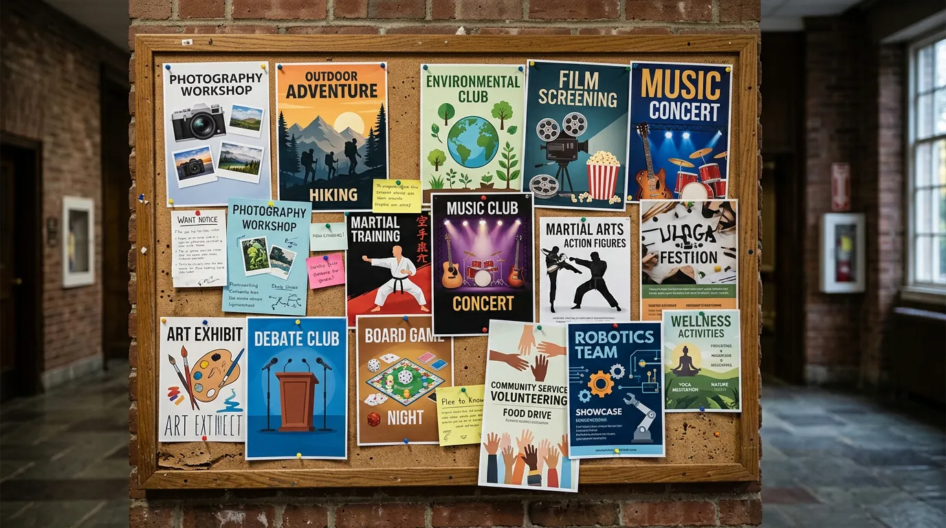 Student club bulletin board with various activity posters and notices, campus engagement display